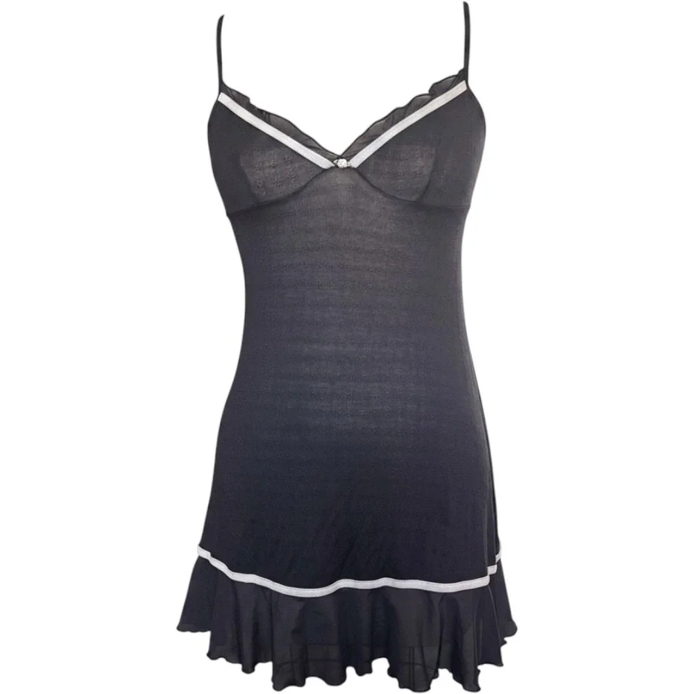 Sheer Ruffle Victoria's Secret Slip Dress Pointelle Rosette S Black Vintage